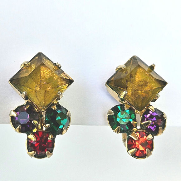 Amber Rhinestone Pin, Gold-toned Brooch with Coordinating Screw back Earrings - Picture 3 of 12